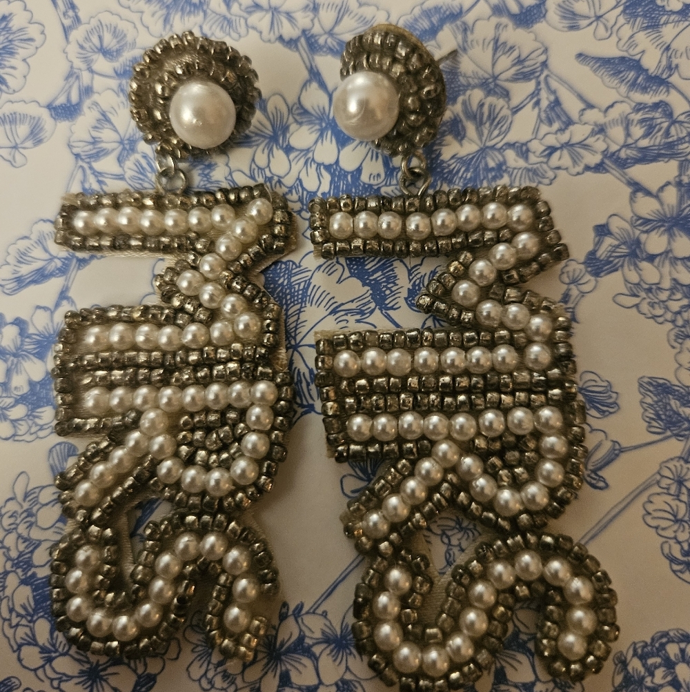 Piper K "Mrs" Beaded Pearl Statement Earrings | Bridal Wedding Earrings | 3" - Picture 2 of 4